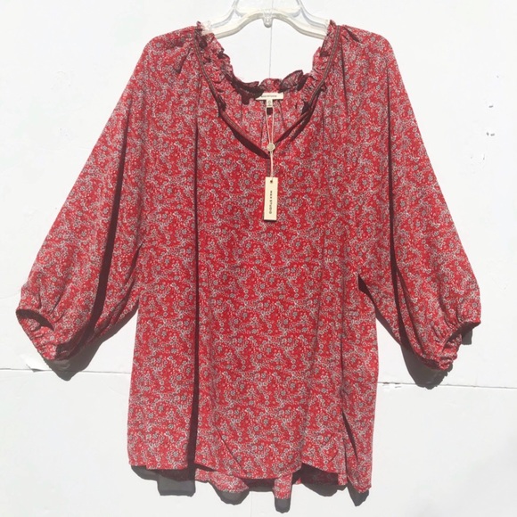 Max Studio Crepe Peasant Blouse Red Floral Print Size 2X - Picture 12 of 16